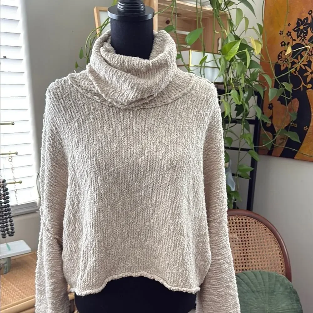 Free People Big Easy Oatmeal Knit Cropped Cowl Turtleneck Sweater